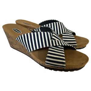 Dr. Scholl's Selma Wedge Sandals size 8.5 Navy/White Striped Fabric Cross Strap